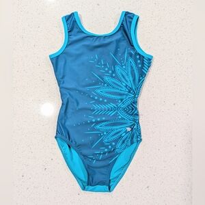 Destira Gymnastics Dance Leotard Child Small MANDALA Indian Henna Teal OPEN BACK